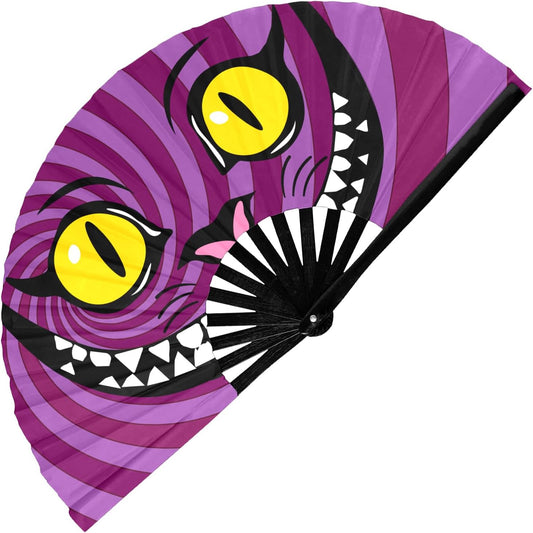 GloFX Large Hand Fan - Alice in Wonderland Cheshire Cat Fan - Bamboo Folding Fans for Rave Accessories and Festival Essentials
