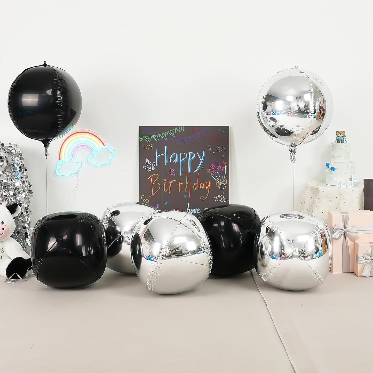 6Pcs Black Silver Round Foil Balloons, 22inch 4D Metallic Silver Black Balloons, Large Round Foil Ball Balloon for Birthday Graduation Christmas New Year Eve Disco Party Backdrop Decorations