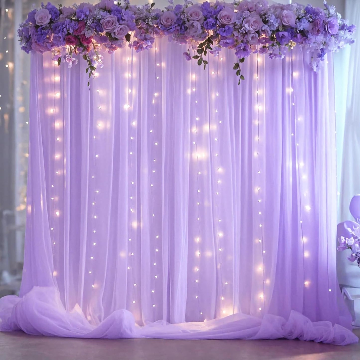 Lavender Tulle Backdrop Curtain with Lights String for Wedding Baby Shower 20×8ft Lavender Sheer Backdrop Curtain for Bridal Shower Birthday Party Photoshoot Background Decorations(4 Panels 5×8ft)