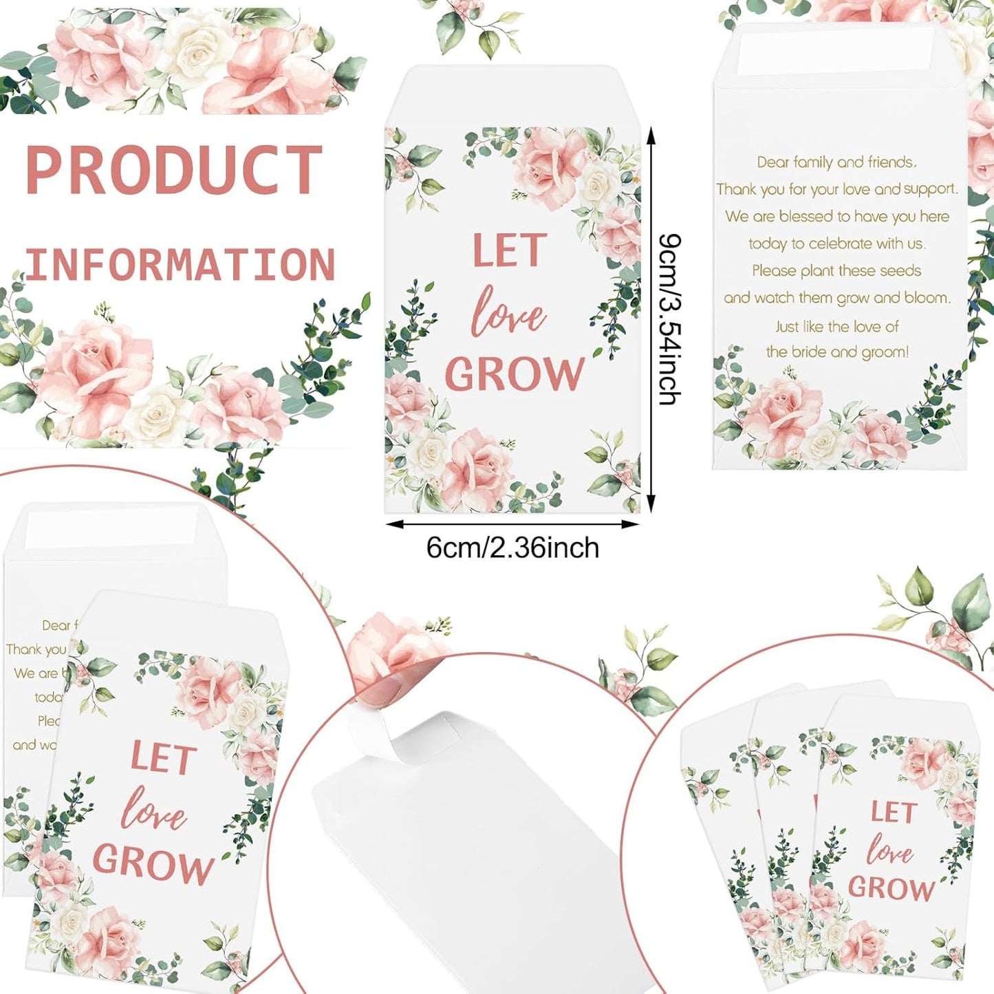 Ctosree 50 Sets Let Love Grow Wedding Favors for Guests Self Adhesive Seed Packets (Seed Not Include) Terracotta Flowerpot Thank You Tags and Organza Gift Bags for Bridal Shower Wedding Party Favors