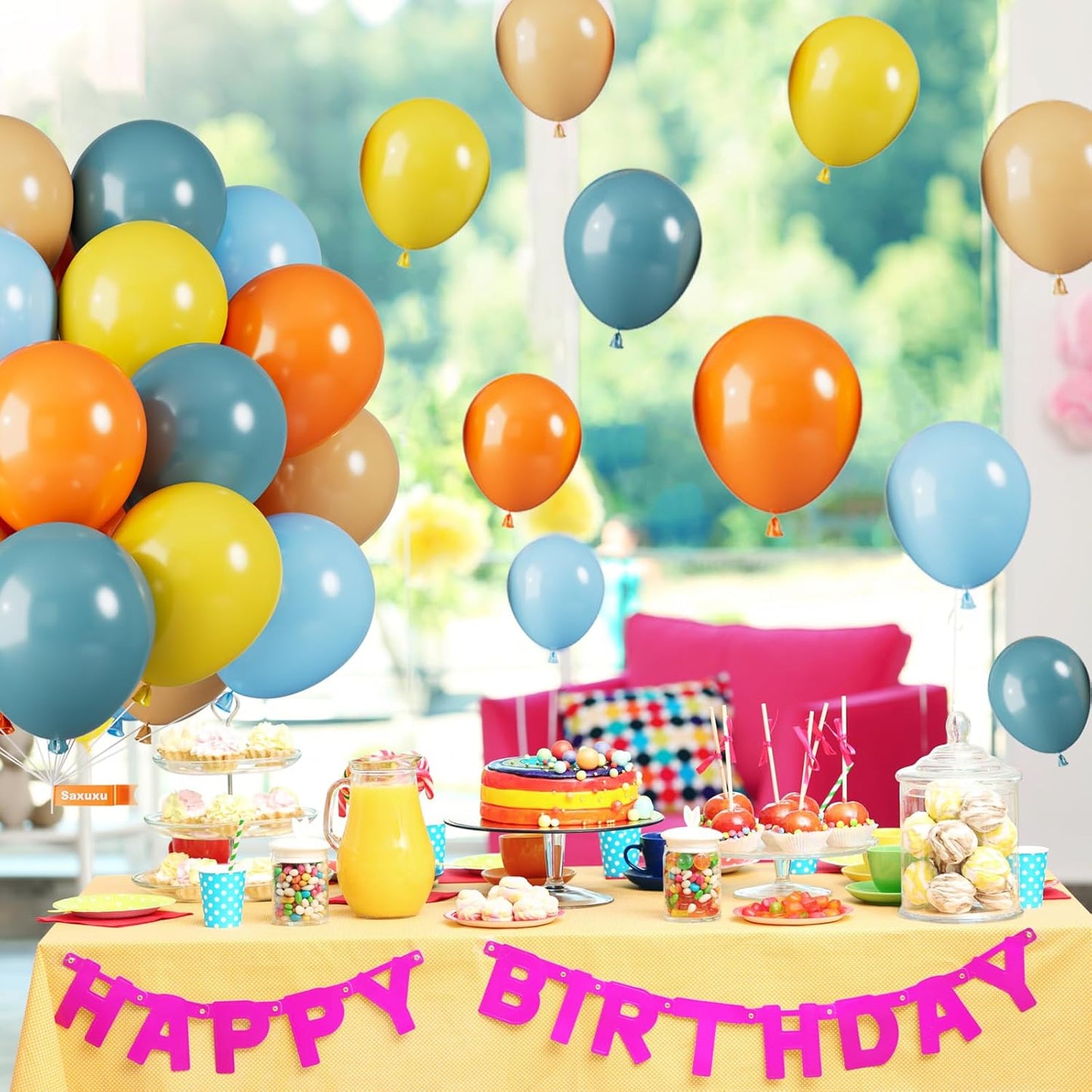 Blue Yellow and Orange Balloons, 12 Inch Retro Sea Blue Yellow Orange Balloons, Latex Helium Balloon for Boys Birthday Baby Shower Boho Son Theme Decorations