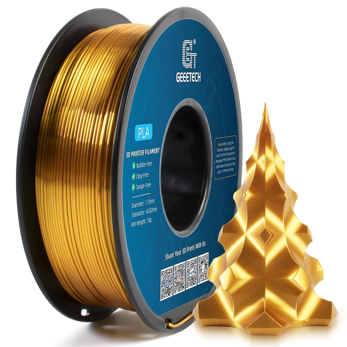 Geeetech Silk PLA Filament 1.75mm for 3D Printer, Metal-Like Shiny Consumables 1kg (2.2lbs) 1 Spool, Dimensional Accuracy +/- 0.02 mm, Metallic Gold Silk Filament