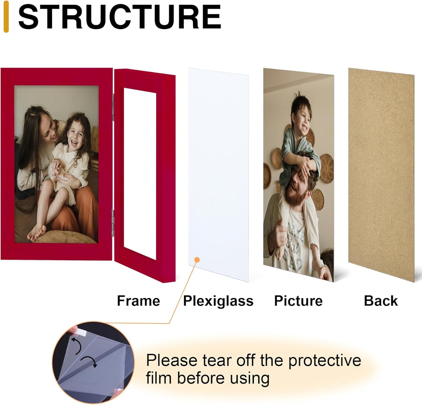 decorUhome Double 4x6 Picture Frame Vertical, Engineered Wood Bifold Photo Frame with Plexiglass for Tabletop Display, 4x6, Red