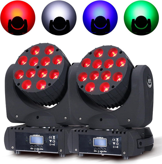 Moving Head Light Beam Wash 12x12W LED Stage Lighting RGBW 4in1 Professional DMX 512 Strobe Effect Sound Activated DJ Lights for DJ Night Clubs Disco KTV Bar Show (2 Pack)