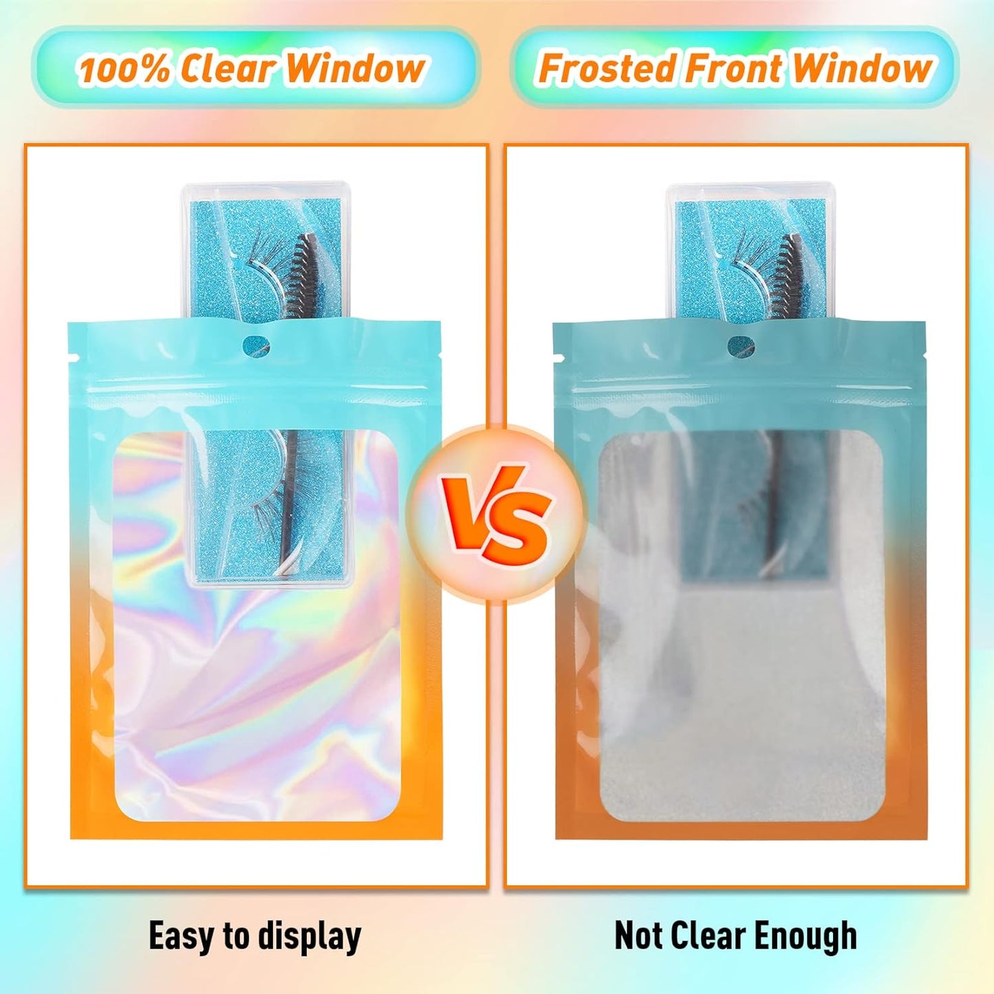 Funfery 100 Pack Mylar Holographic Bags,Clear Window Foil Bag Seal Pouch Resealable Baggie with Zipper,Packaging Bag for Food Storage,Lash,Jewelry,Business Supplies(2.7×3.9in,Blue Orange)