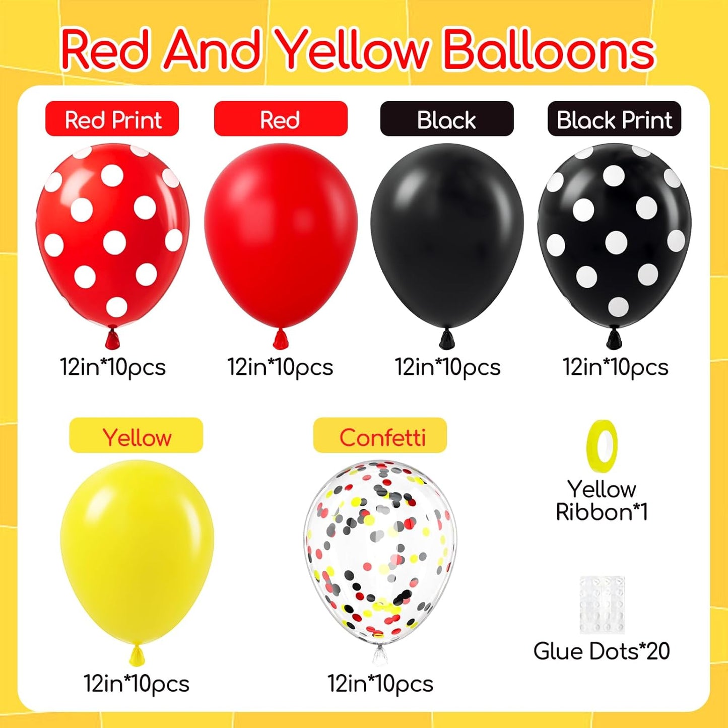 60pcs Red and Yellow Balloons 12inch with Red Print Confetti Black and Yellow Balloons for Baby Shower 1st 2nd 3rd Birthday Party Decorations