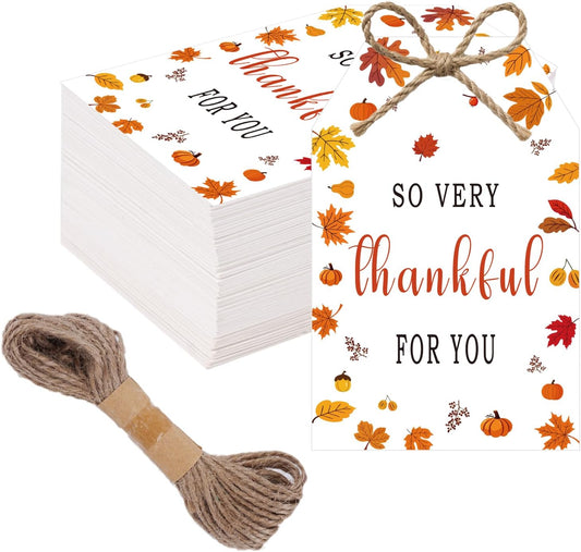 50Pcs Fall Thankful for You Tags, 3.3x2.1 Inch Thanksgiving Gift Tags with String, Thanksgiving Name Tags with Maple Leaf for Autumn Holiday Party Favors DIY Craft Decorations
