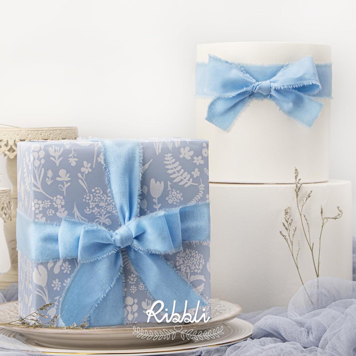 Ribbli 3 Rolls 1.5 Inch x 18Yards Light Blue Baby Blue Dusty Blue Handmade Cotton Frayed Fringe Ribbons for Gift Wrapping Wedding Invites Bridal Bouquets Baby Shower DIY Crafts Home Decor