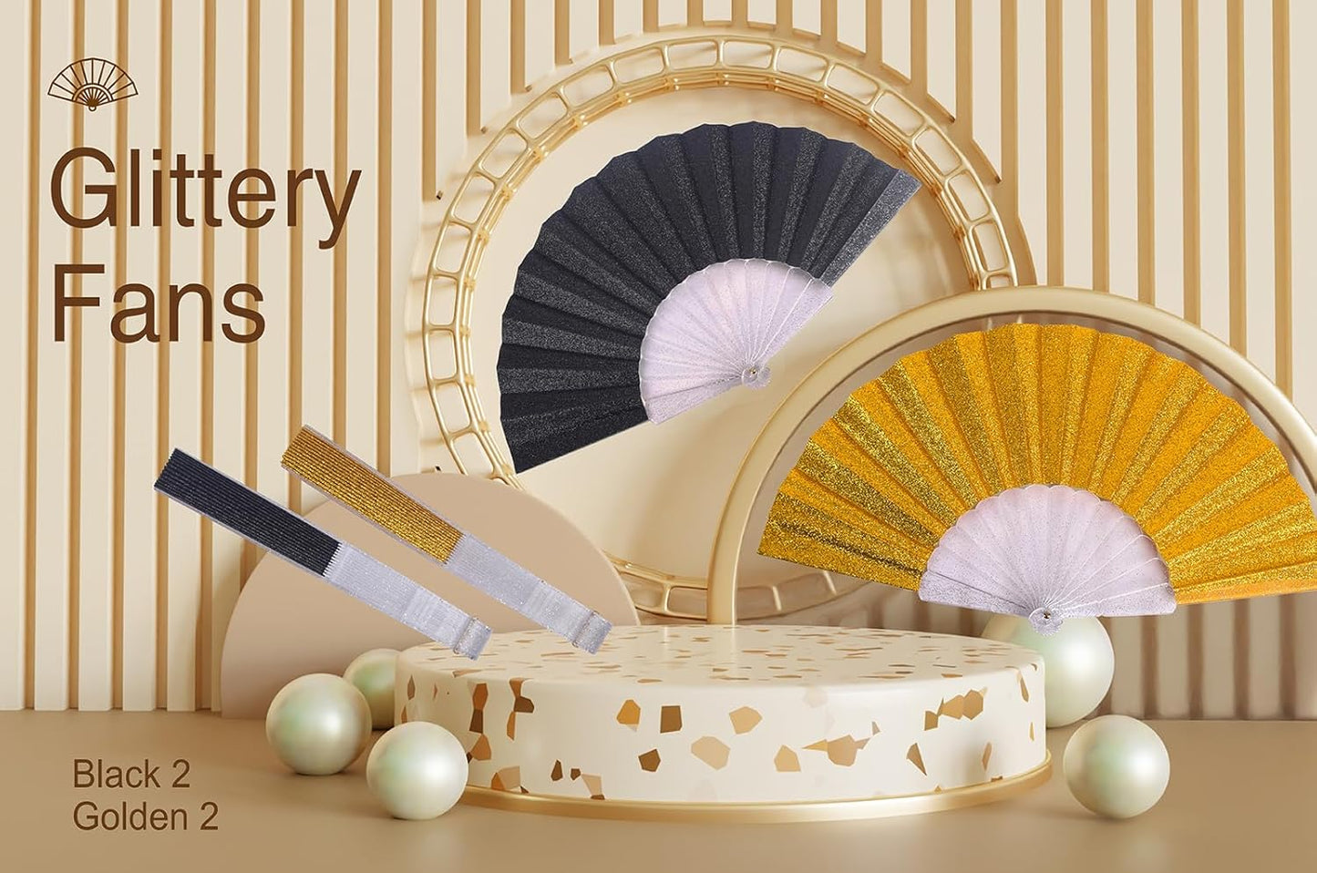 HUNANBANG Glitter Folding Hand Fan for Men Women Acrylic Folding Clack Hand Fan for Music Disco Rave Festival Party Supplies (Glitter blk2gd2)