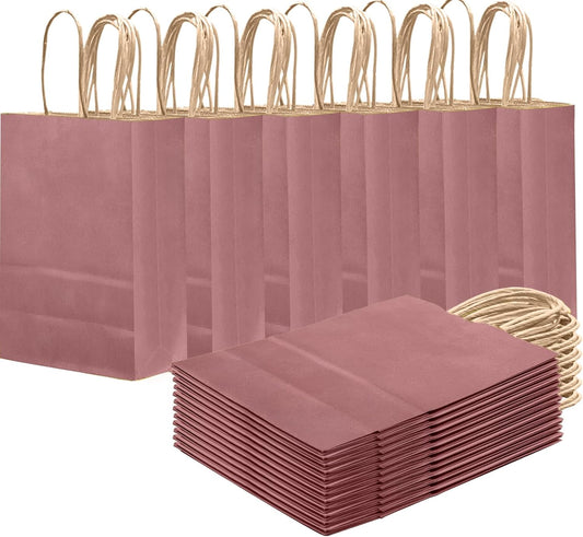 qiqee Dusty Rose Brown Gift Bag with Handles Bulk 24Pcs Paper Bags -8.3"x6"x3. 15" Party Favor Bags - Solid Color