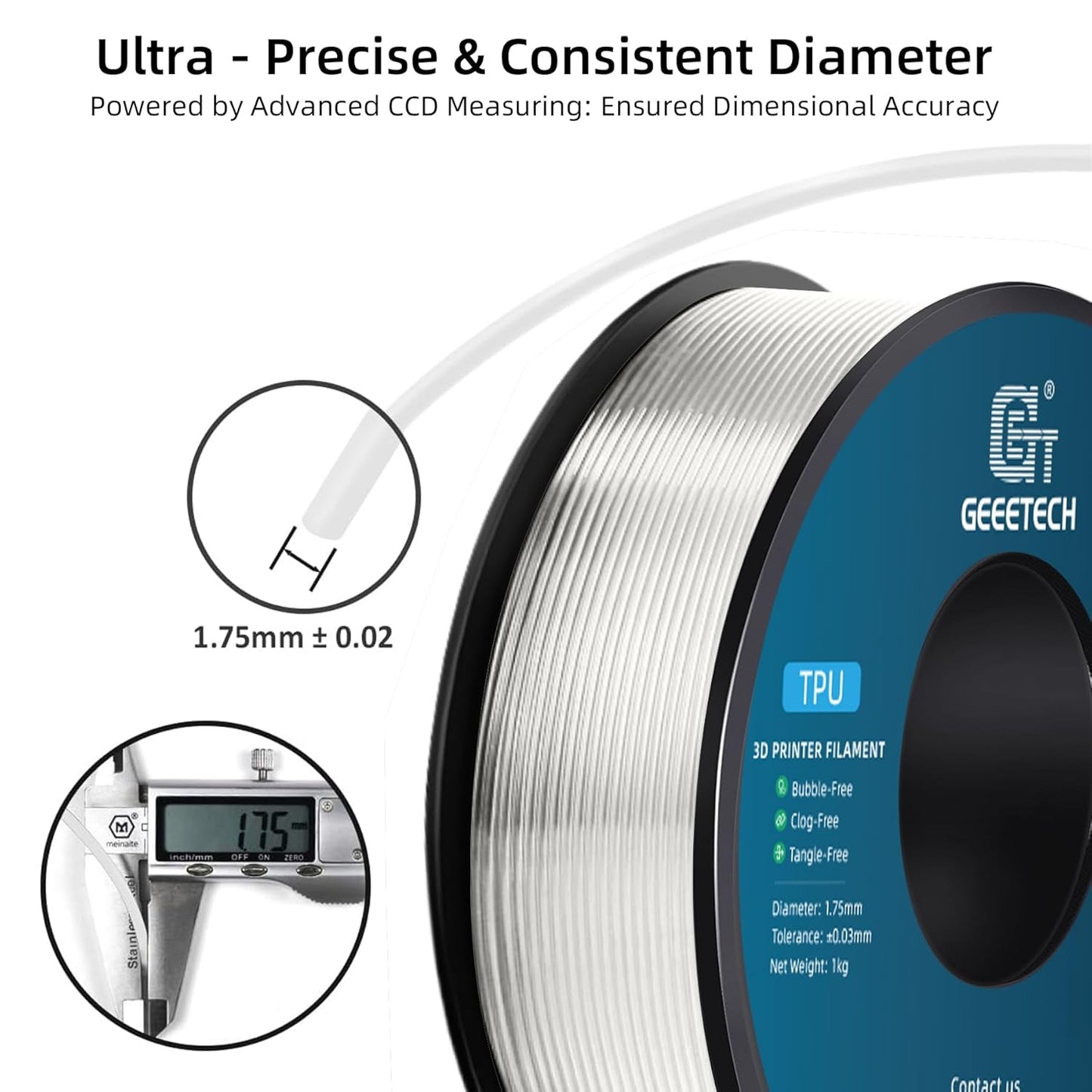 Geeetech TPU Filament 1.75mm, Shore 95A Flexible 3D Printer Filament with High Elasticity, 1KG (2.2lbs) Spool, Dimensional Accuracy ±0.03mm, Fits Most FDM Printers (Clear/Transparent)