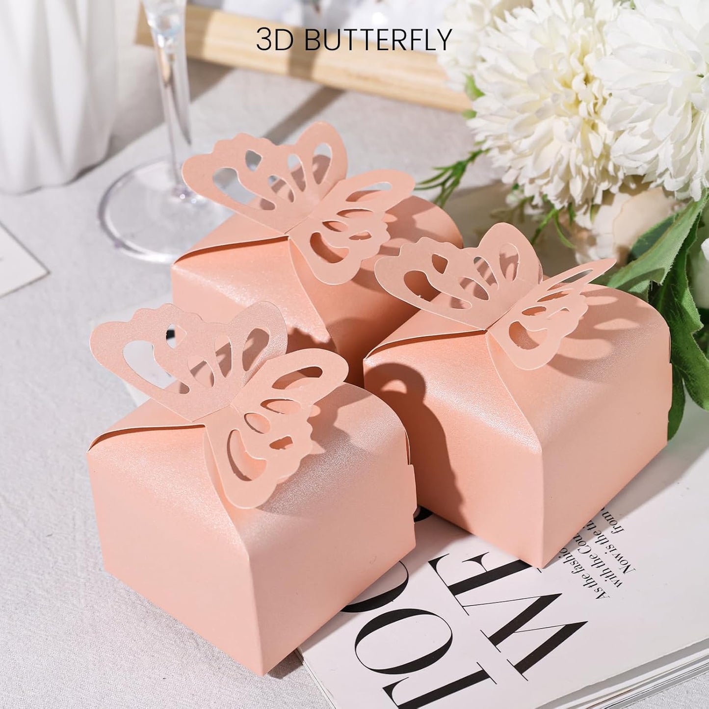 VGOODALL 50PCS Party Favor Boxes, 2.4" x 2.4" x 1.8" 3D Butterfly Candy Boxes Pink Baby Shower Favors for Wedding Birthday Party Gift