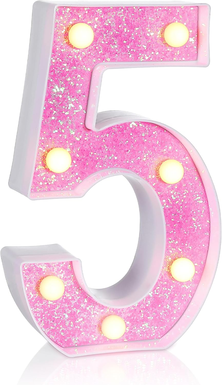 Foaky Pink Light up Letters，Pink Party Decorations,Girls Room Decor,Glitter Marquee Numbers,Alphabet Letter Sign for Night Light Birthday Party Girls Gifts, Home Bar Decoration (5)