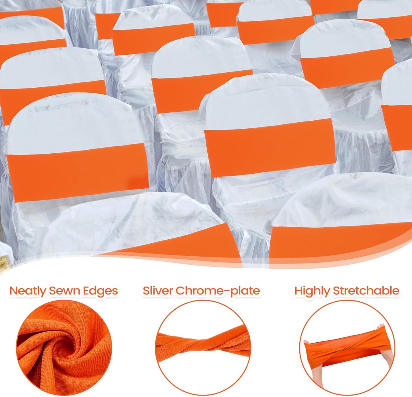 Kinlop 50 Pcs Spandex Chair Sashes Bows Chair Bands Slider Sashes for Covers Elastic Bands Ties Without Buckle Decorations for Wedding Party Events Ceremony Birthday(Orange)