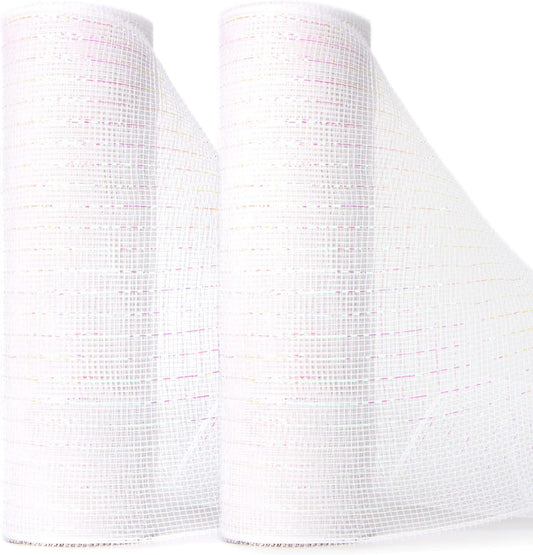 Ribbli 2 Rolls White Mesh Ribbon,10 inch x 30 feet(10Yard) Each Roll,Metallic White with Iridescent Foil,Christmas Ribbon for Wreath Swags and Decorating