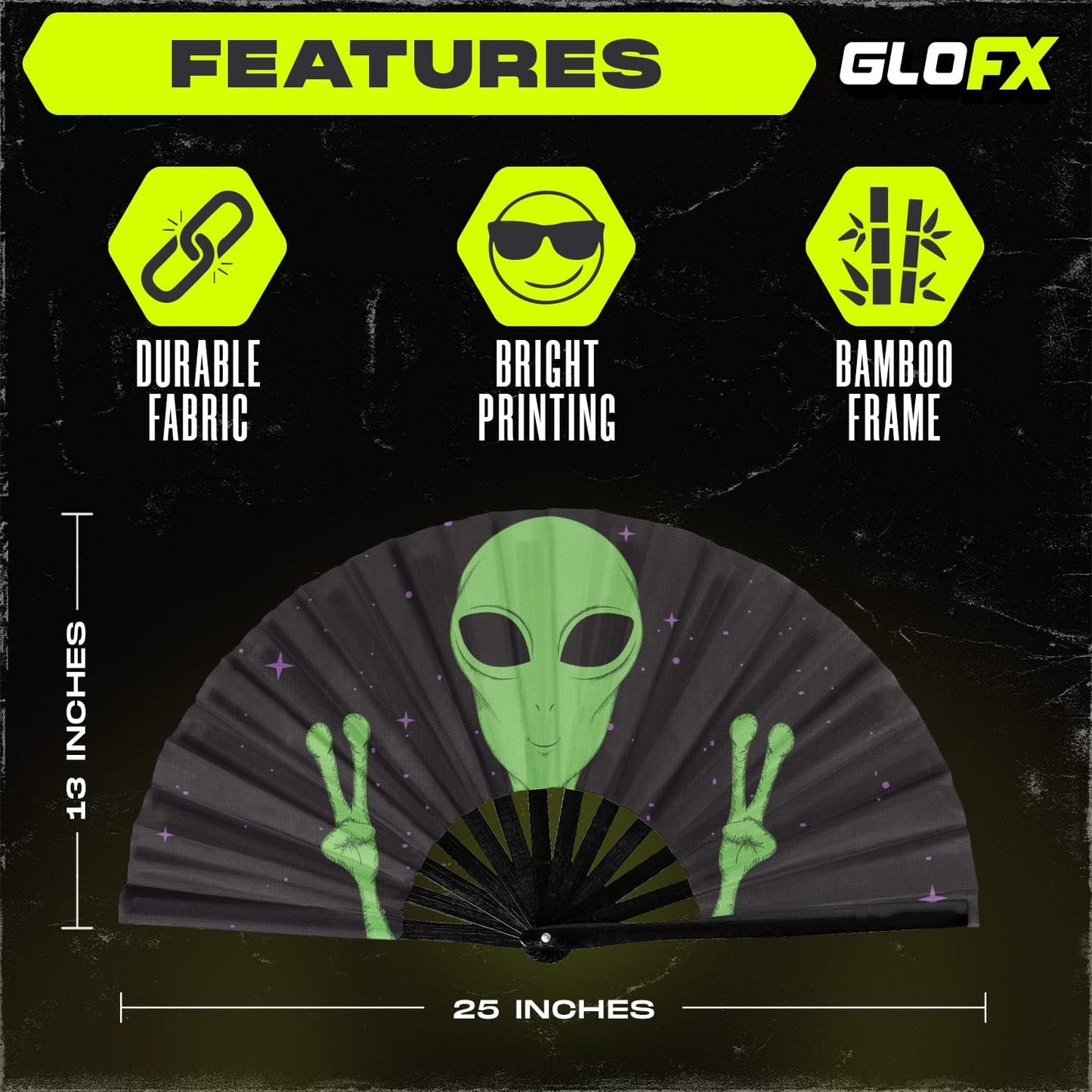 GloFX Folding Fan - Alien - Large Rave Clack Folding Hand Fan for Men/Women - for EDM, Music Festival, Club, Event, Party, Dance, Performance, Decoration, Gift