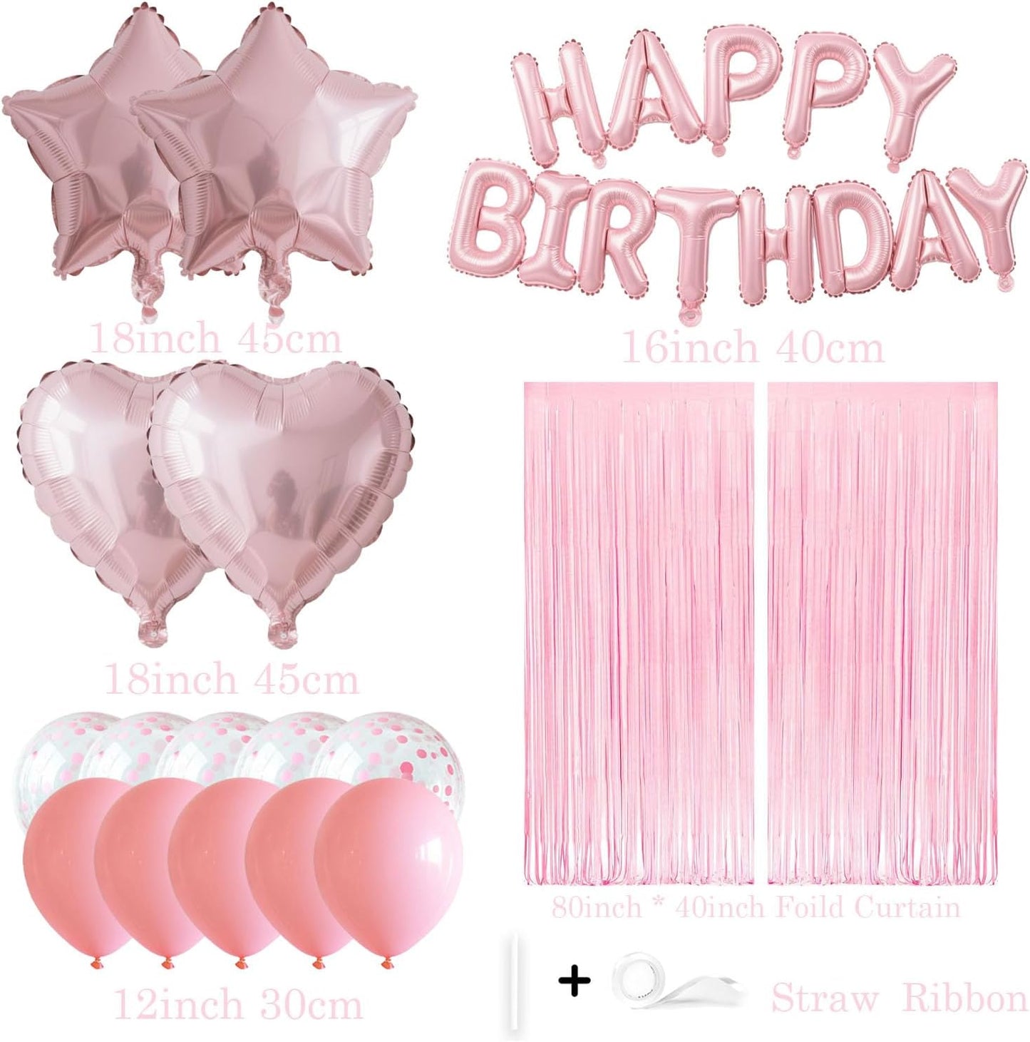 29 Pcs Pink Birthday Party Decorations - Happy Birthday Balloons Banner Baby Pink, Heart & Star Foil Balloons, Confetti & Latex Balloons, Foil Fringe Curtains Party Supplies for Girls