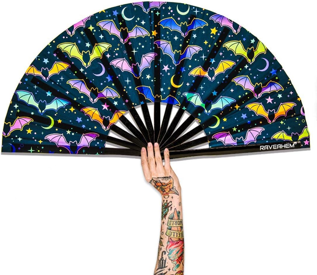 UV Glow Rave Fan, Bamboo Folding Clack Hand Fan for Men Women (Multicolored Bats, Large 13")