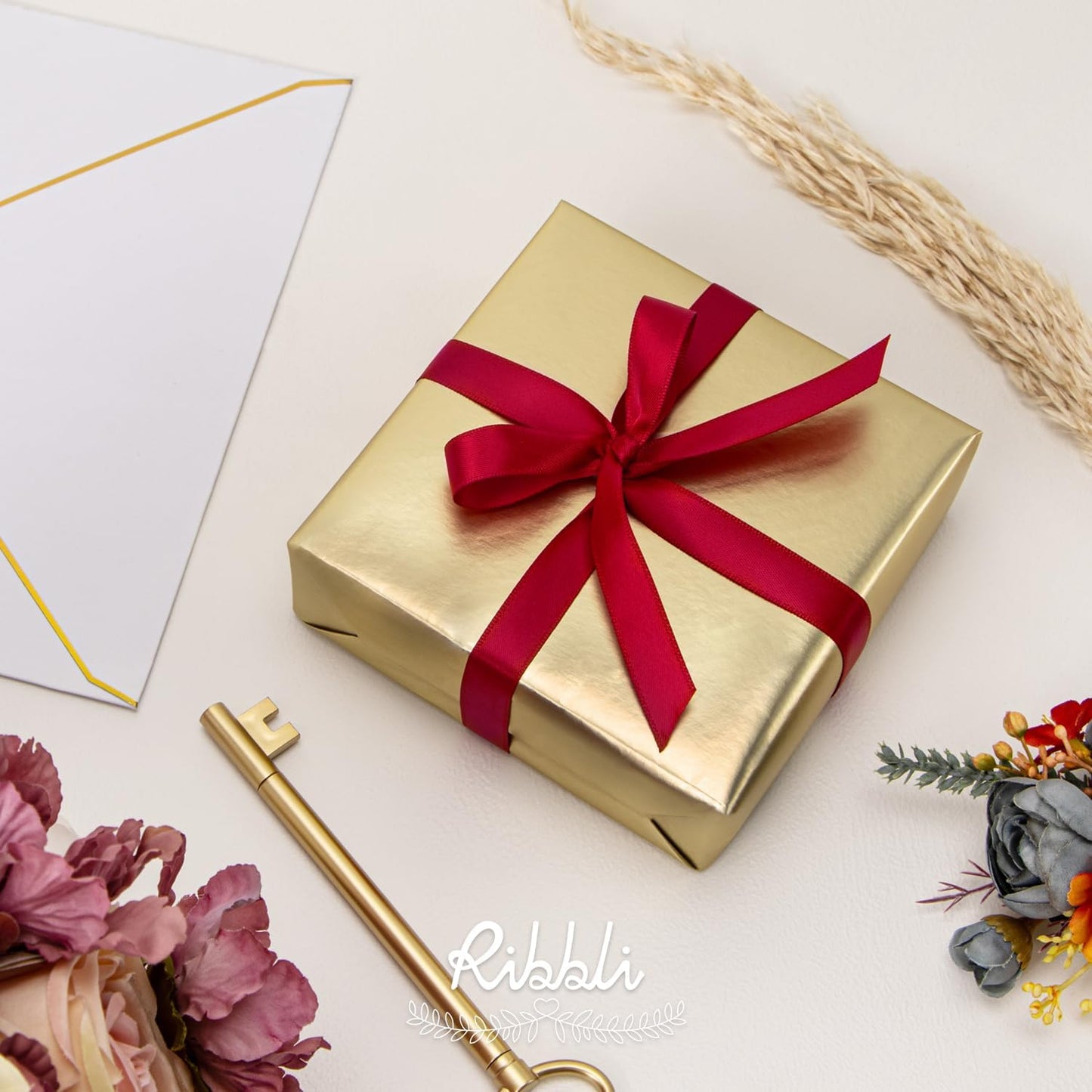 Ribbli Red Satin Ribbon Double Faced Satin 1/2 Inch x Continuous 100 Yards-Red Ribbon for Gift Wrapping Crafts Wedding Decoration Bows Bouquet Floral Arrangement