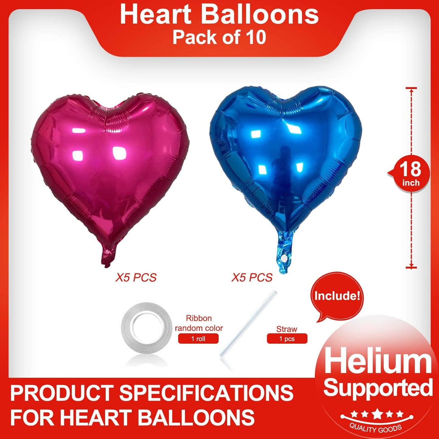 Pink Heart Shaped balloons Pack of 10,18 Inch Love Valentine Balloons Blue Heart Romantic Balloons For Valentines Day Propose Marriage Wedding Bridal Shower Engagement Party Decorations