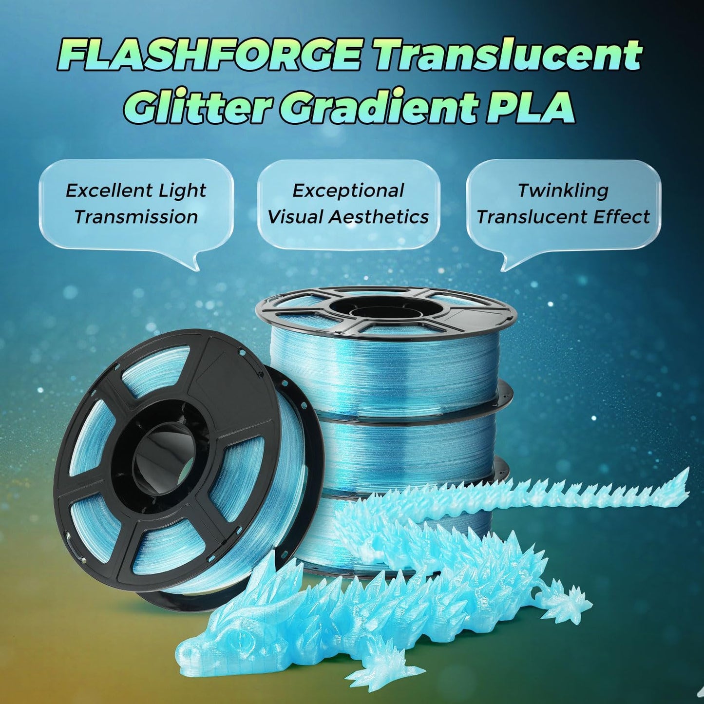 FLASHFORGE Translucent Glitter PLA Mermaid Tears Filament, Shiny Sparkling Gradient 3D Printer Filament, Fast Color Change Between Pale Blue and Light Blue, Adjustable Transparency