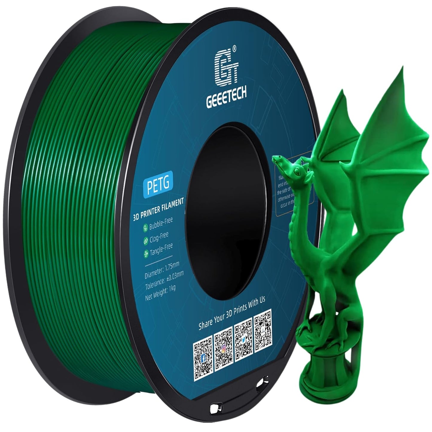 Geeetech PETG Filament 1.75mm, 1 KG (2.2lbs) Spool 3D Printer Filament, High-Toughness, ±0.02mm Accuracy, Neatly Wound & Moistureproof, Non-Clogging Non-Stringing, Fits Most FDM Printers, Green
