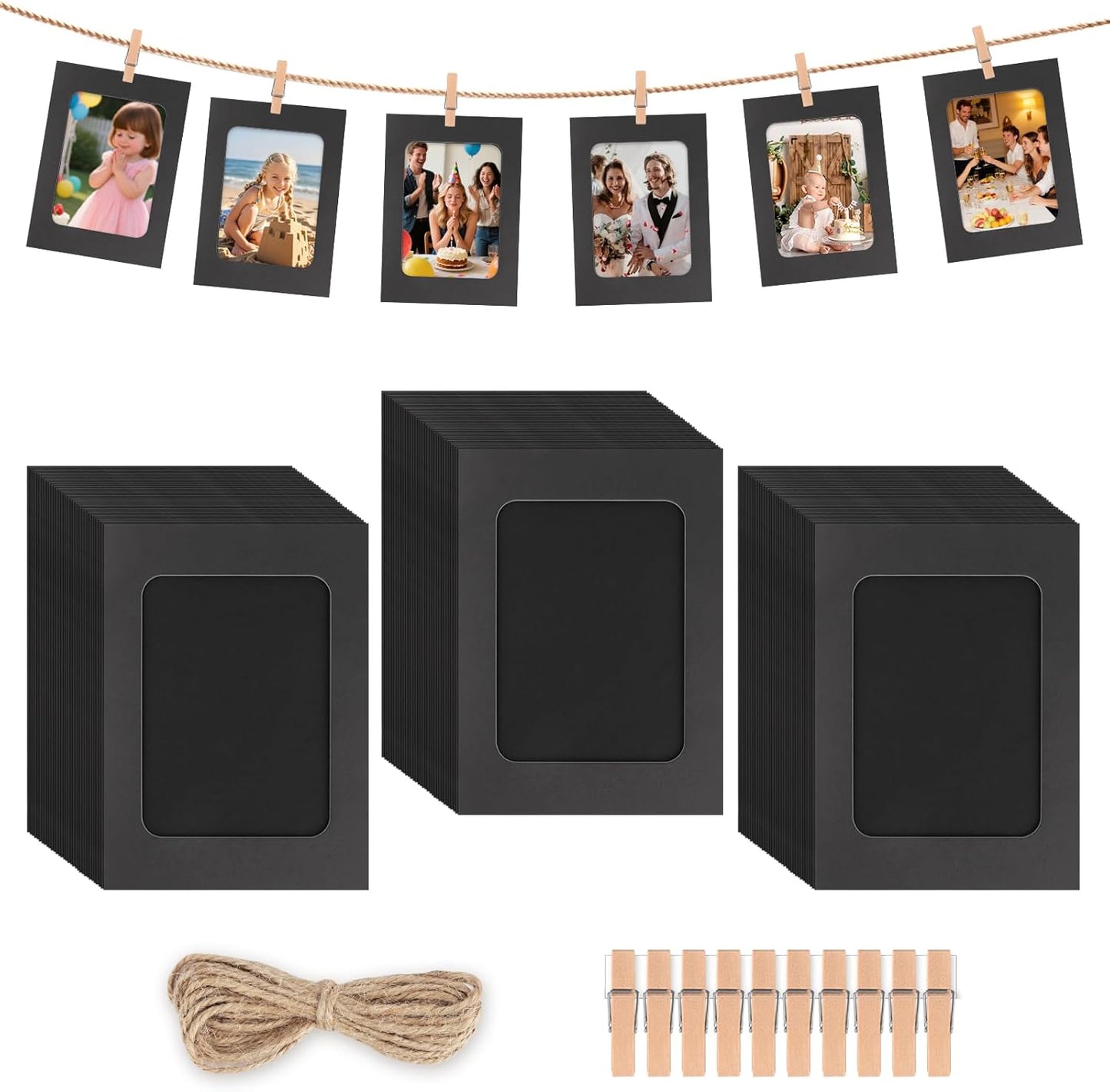100 Pack Paper Picture Frames, 4x6 Inch Photo Strip Frame Hanging Photo Display Banner, Black Photo Holder with Wooden Clips and String for Wall Decor and Party Supplies