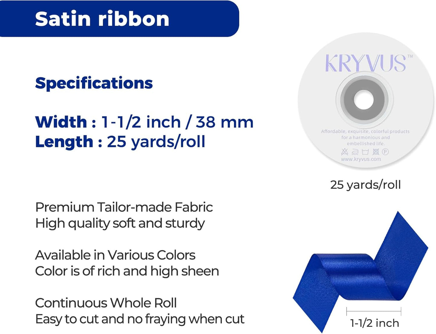 Royal Blue Satin Ribbon 1-1/2 inch X Continuous 25 Yards, Single Face Polyester Ribbon Perfect for Gift Wrapping, Flower Bouquet, Wedding Decor, Crafts, Bow Making, Sewing and More