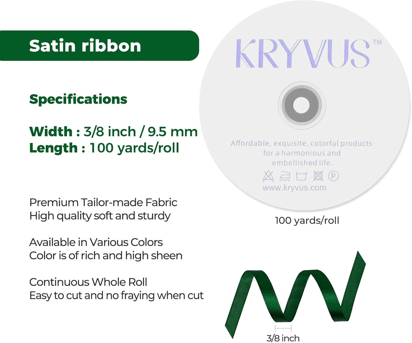 Green Satin Ribbon 3/8 inch X Continuous 100 Yards, Single Face Polyester Ribbon Perfect for Gift Wrapping, Flower Bouquet, Wedding Decor, Crafts, Bow Making, Sewing and More