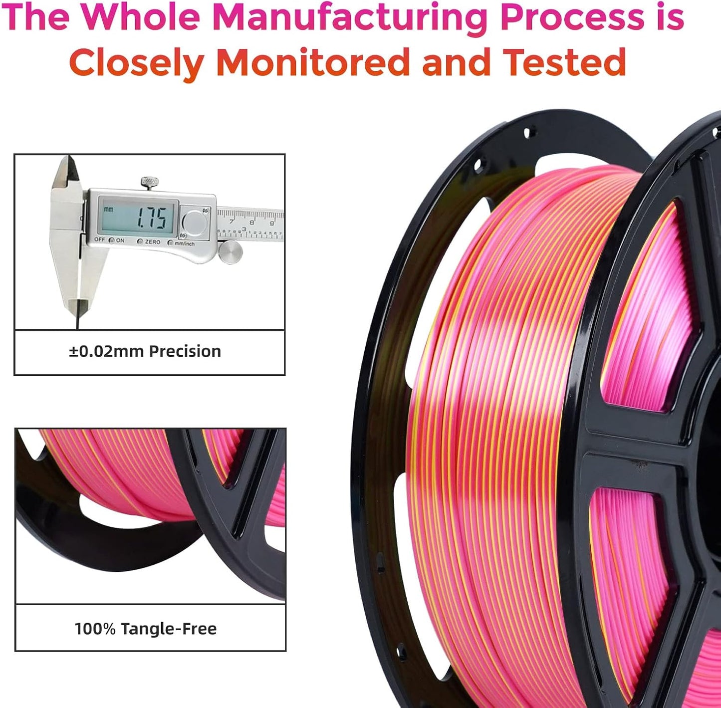 FLASHFORGE Silk Dual Color Filament, Pink and Yellow 2 in 1 Coextrusion Silk PLA Filament 1.75mm, 3D Printer Filament Color Change 1kg(2.2lbs) Spool, Dimensional Accuracy +/- 0.02mm