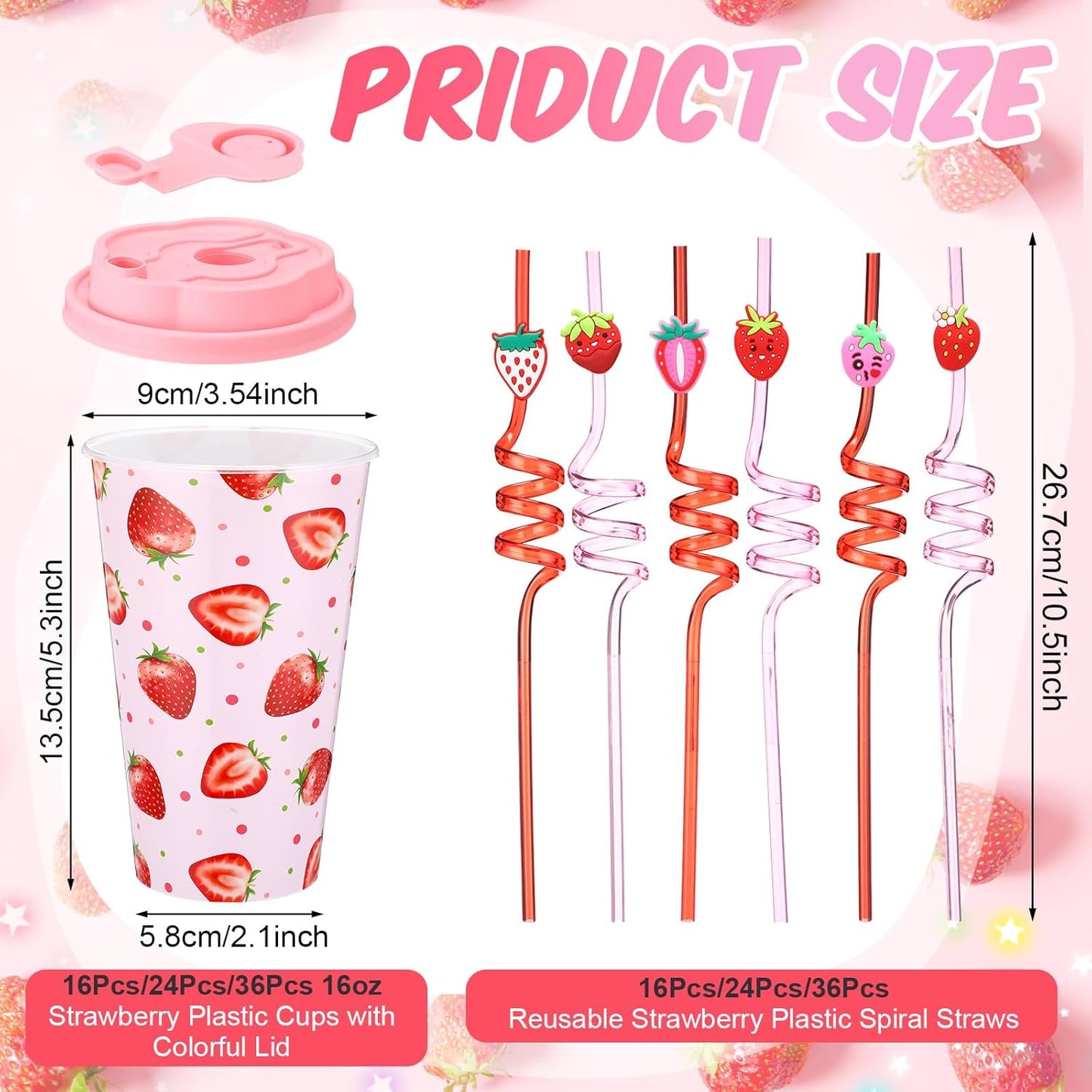 Yungyan 16 Sets Strawberry Party Favors Goodie Cups with Lids and Straws for Birthday Decorations Reusable 16oz Plastic Candy Cups Plastic Straws for Birthday Party (Strawberry)