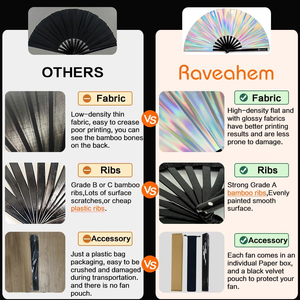 Large Rave Fan, Clack Folding Hand Fan with Premium Fabric, Thick Bamboo Frame for Men Women Gift for EDM, Festival, Club, Party, Dance, Decoration (Holographic Silver, 13")