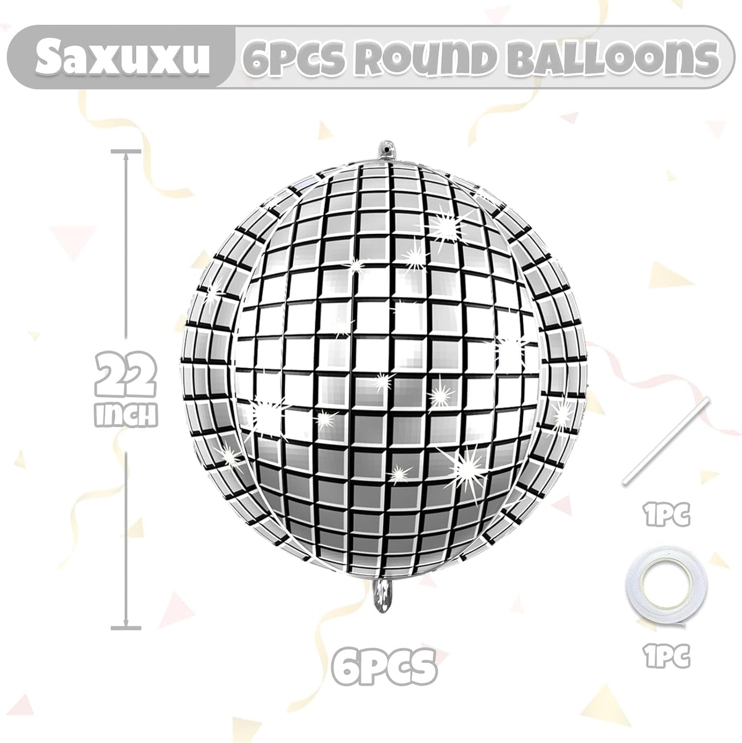 6Pcs Giant 4D Disco Ball Balloons, Sparkle Silver Disco Party Decorations, 22 Inch Round Foil Balloons for NYE 2025 Birthday Party Baby Shower Wedding Decorations