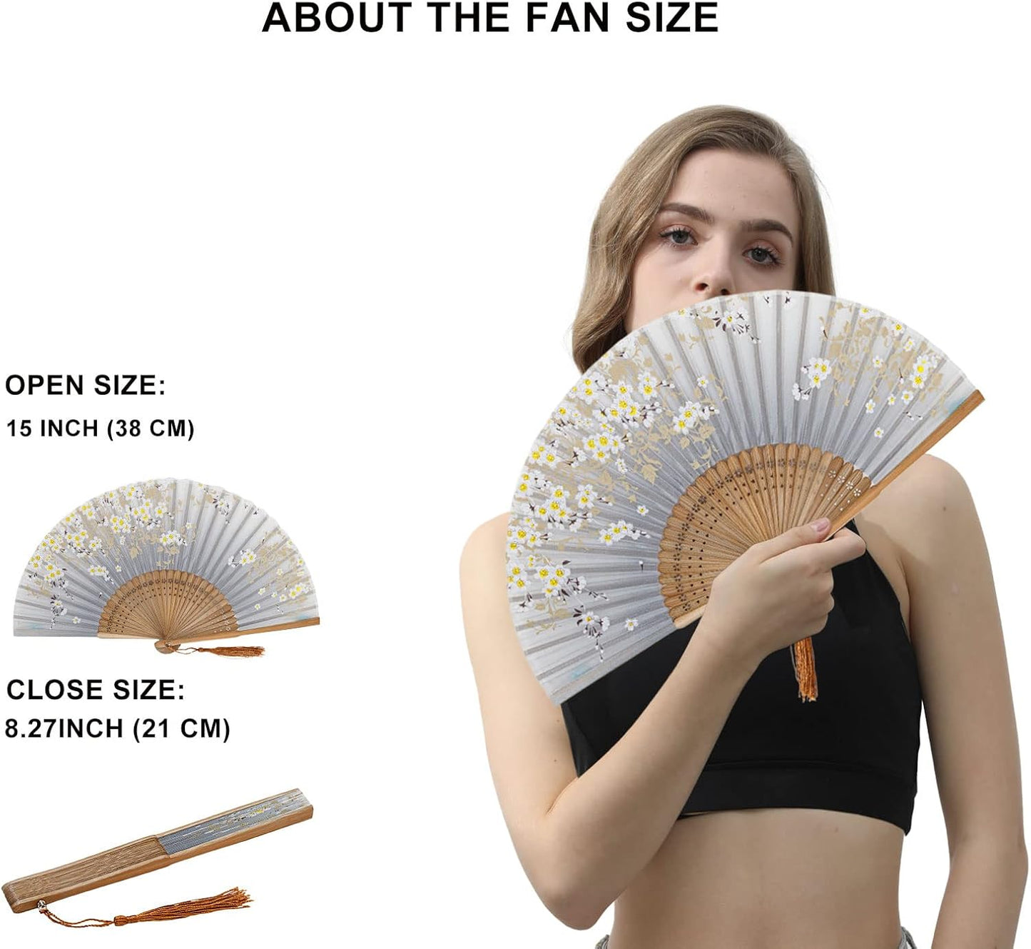Amajiji 8.27"(21cm) Hand Held Bamboo Silk Folding Fan Hand Fan,Chinese/Japanese Charming Elegant Vintage Retro Style,Women Ladys Girls Best Gifts (Gray Little Sakura)