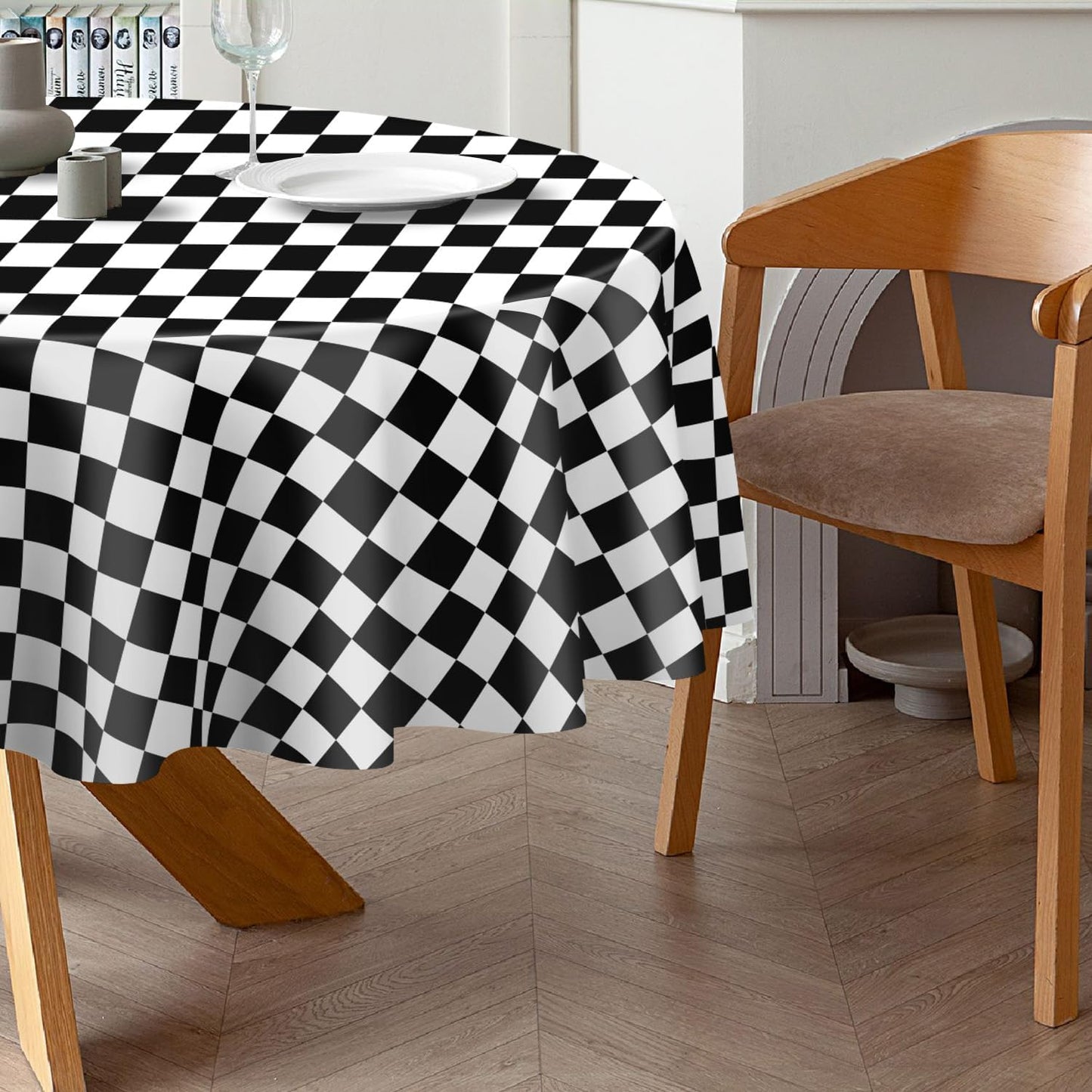 QIKSION Black and White Gingham Round Tablecloth 2 Pack, 84 Inch Plastic Checkered Table Cover Disposable for Parties