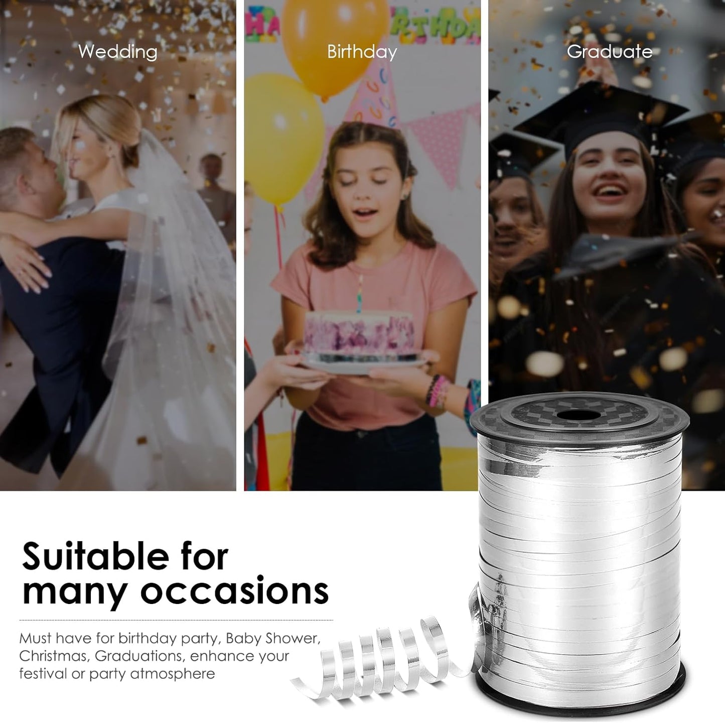 Silver Metallic Ribbon - 500 Yard Iridescent Crimped Ribbon for Crafts, Gift Wrapping, Balloons, Florist Flowers (1 Roll)