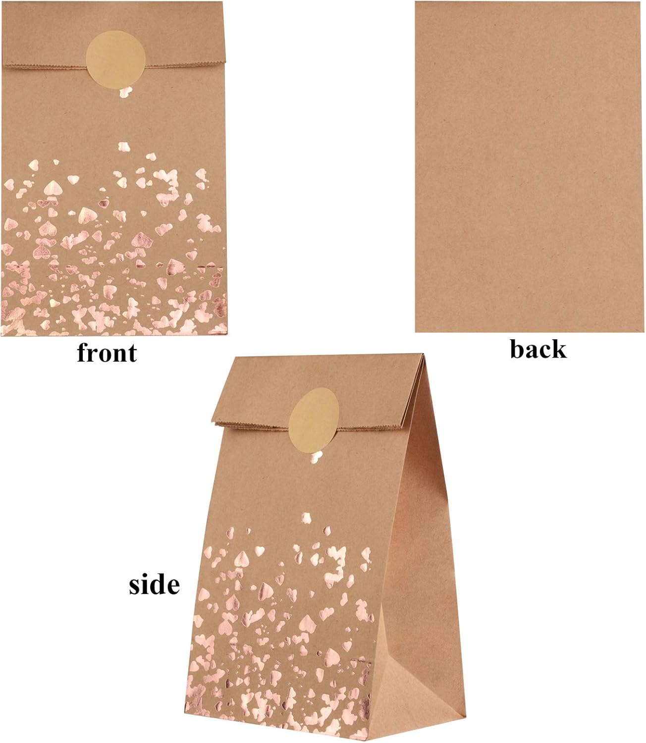 Cooraby 30 Pieces Kraft Paper Bronzing Rose Gold Bags with 48 Stickers Candy Gift Paper Bags for Wedding, Birthday, Tea Party, Gift, and Party Celebrations