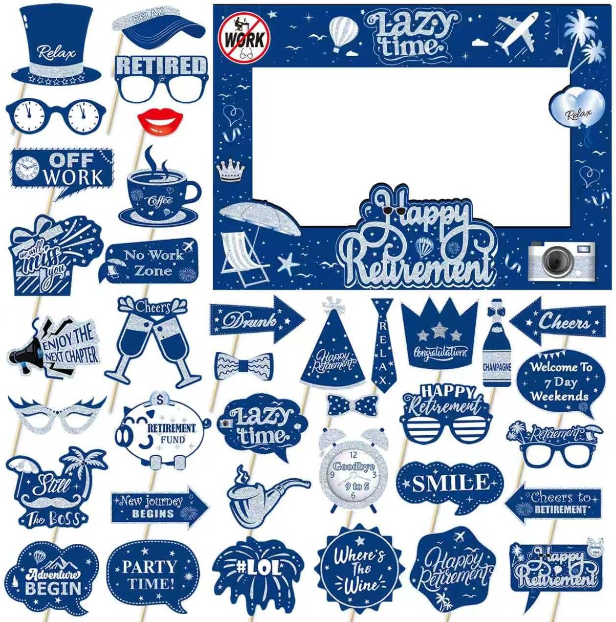 Retirement Party Photo Booth Props Kit - 27pcs Paper Photo Props 1 Frame Glitter Retirement Party Decorations for Retiree Celebration, Farewell Office Party Supplies (Blue and Silver)
