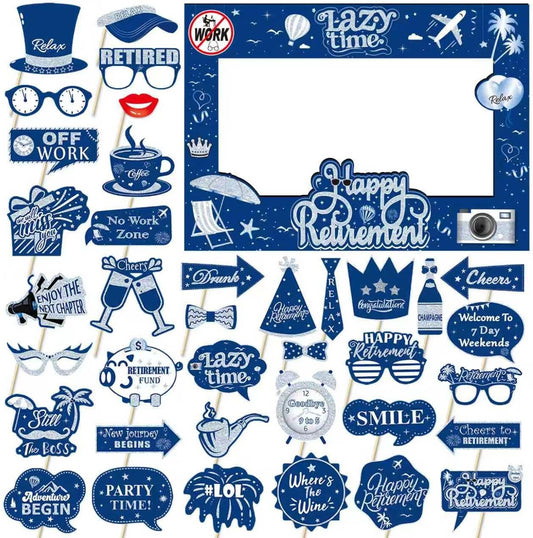 Retirement Party Photo Booth Props Kit - 27pcs Paper Photo Props 1 Frame Glitter Retirement Party Decorations for Retiree Celebration, Farewell Office Party Supplies (Blue and Silver)