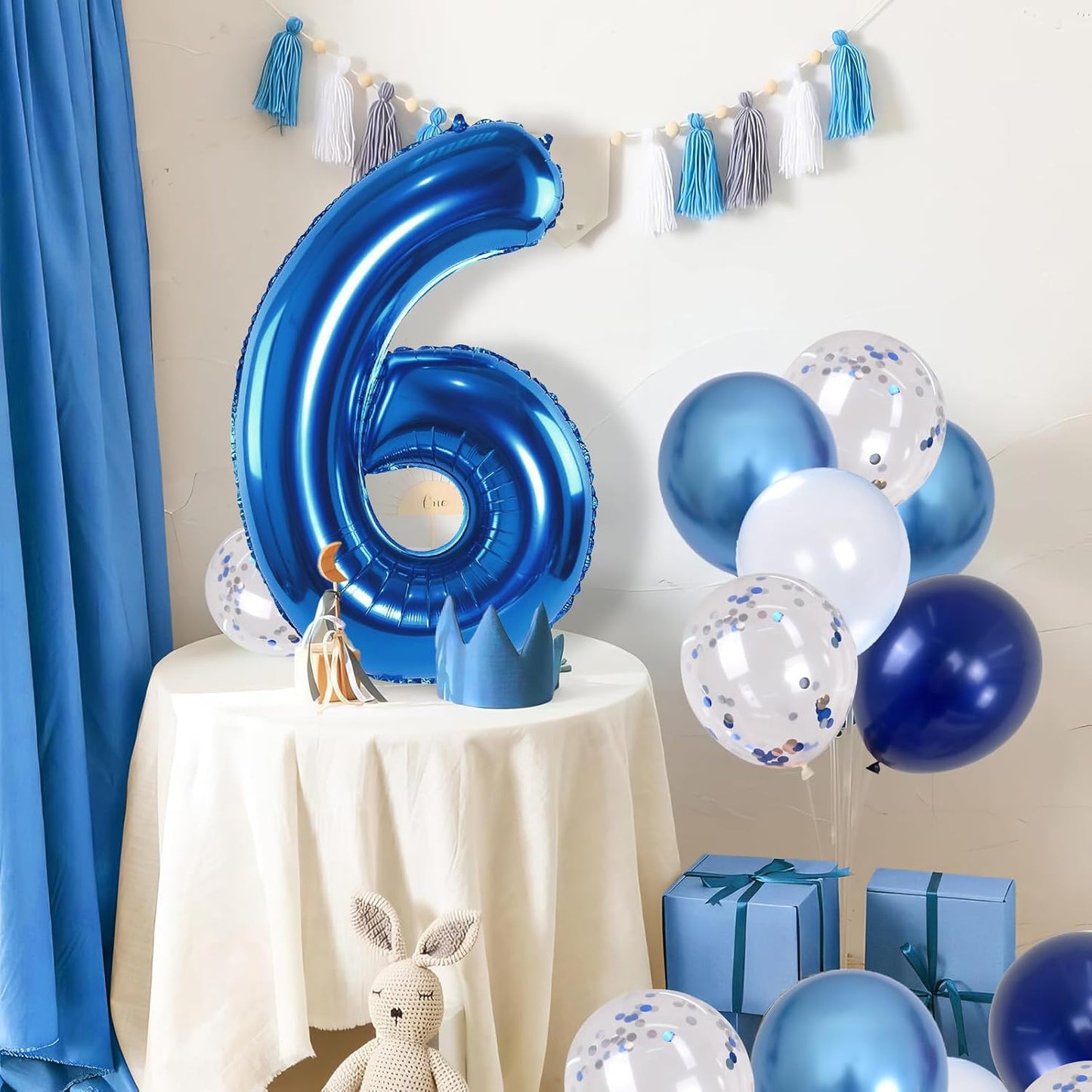 6th Birthday Balloon - Metallic Dark Blue & Navy Blue 40 Inch Self Inflating Number 6 Mylar Balloon with Silver Confetti for Boys & Girls Birthday Party Decorations