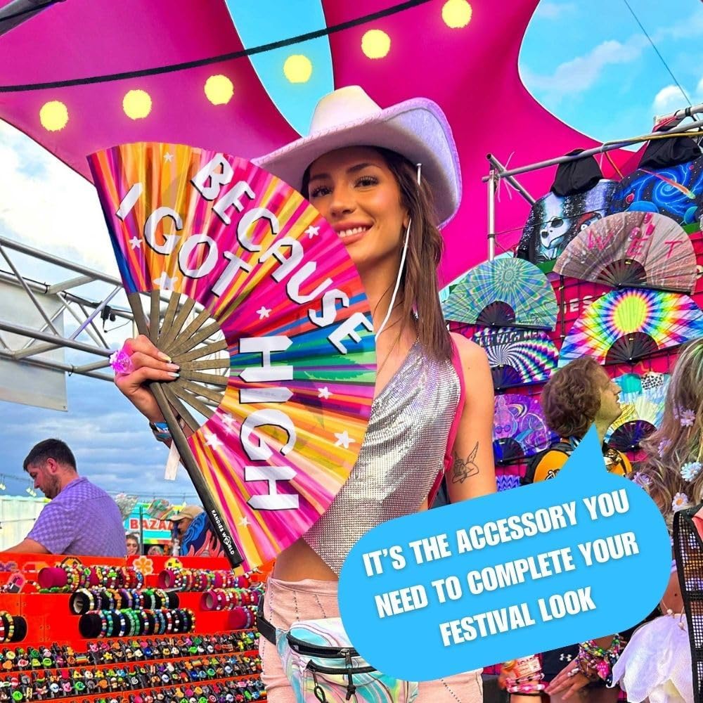 Kandies World Custom Festival Folding Hand Fan - Unique Designs, Made of Bamboo, Clacking Sound, Lightweight - Perfect Rave and Festival Accessory!