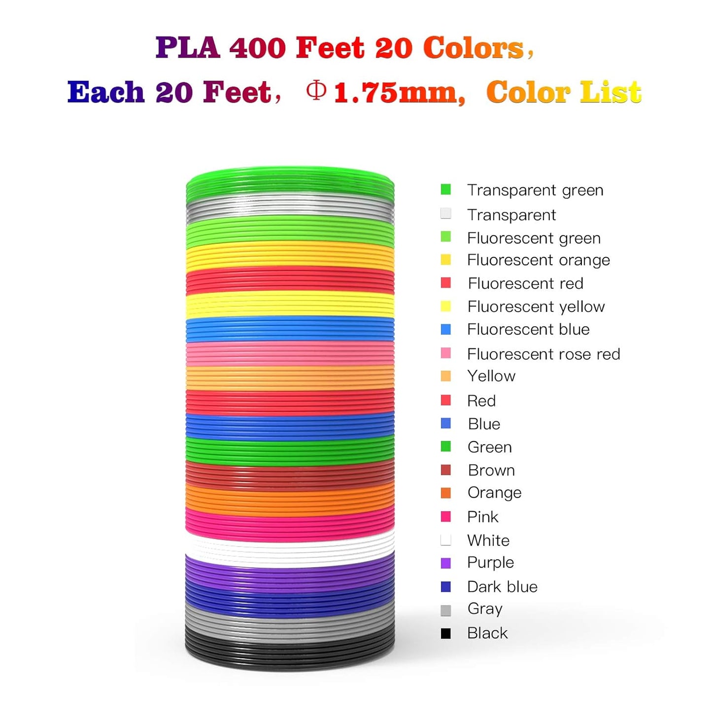 3D Pen Filament 400 Feet 20 Colors, dikale 3D Printing Pen Refills PLA Bonus 250 Stencil eBook, 3D Printer Pen Filament 1.75mm Smooth Printing