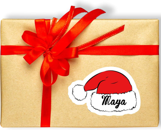 CALLIE Personalized Christmas Stickers with Custom Name, Waterproof Custom Christmas Name Tags Stickers, Peel and Stick Christmas Gift Tags (Santa Hat)