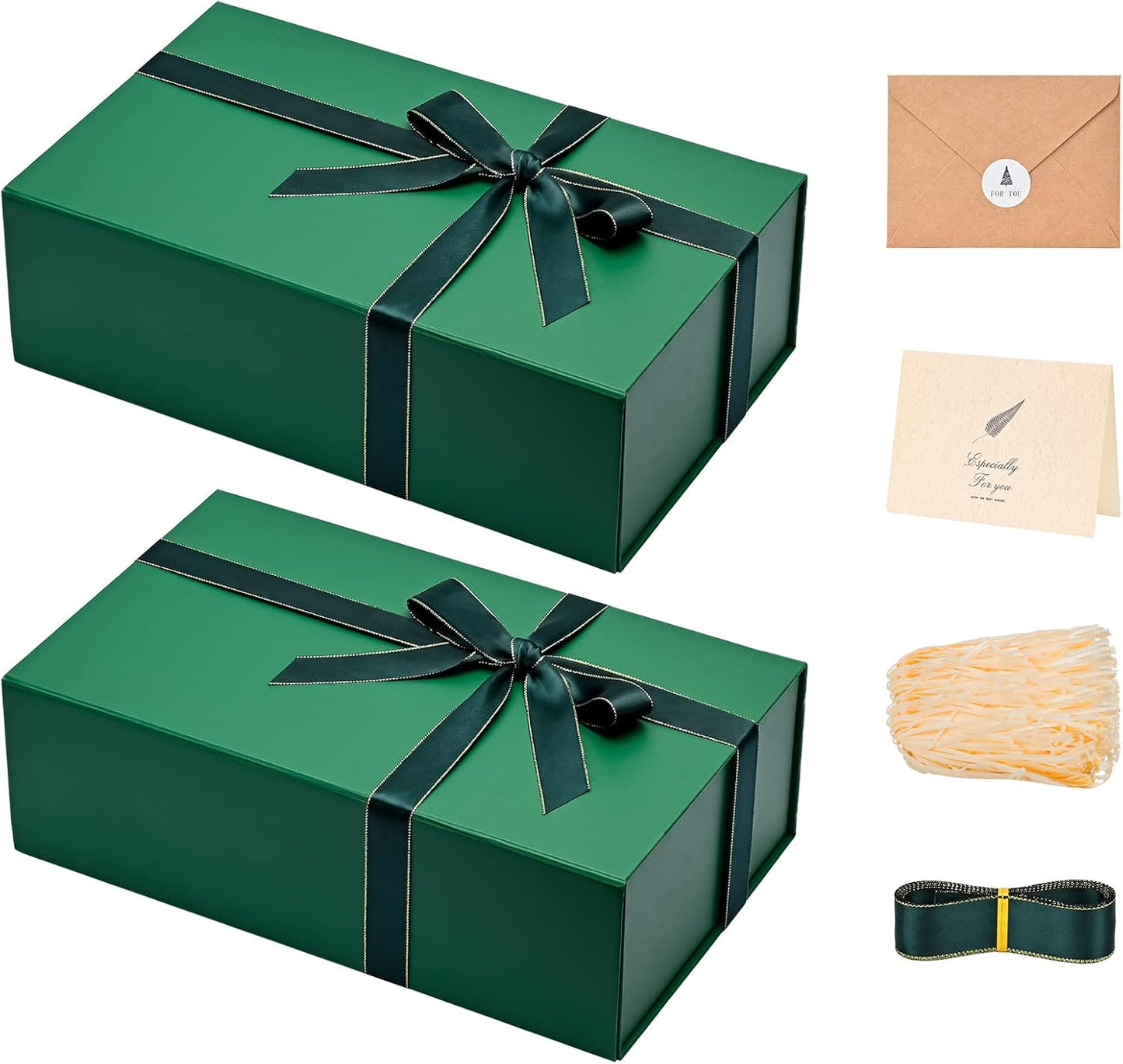 LIFELUM Gift Boxes with Lids 2 Pack 13.85 x 8.35 x 4.45 inch Green Christmas Gift Boxes with Strong Magnetic Lid for Presents with Luxury Accessories Card, Ribbon, Filler,Sticker