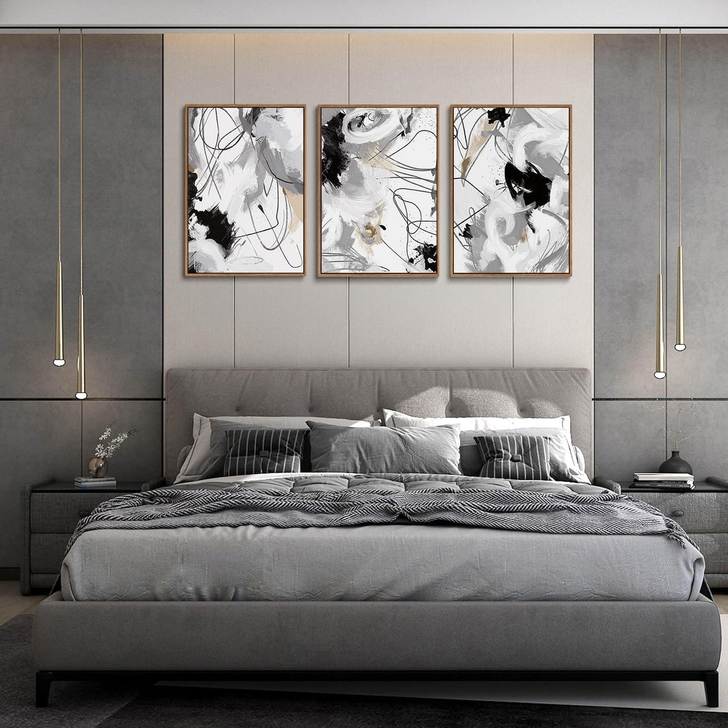 myusuar 3 Piece Large Modern Abstract Canvas Framed Wall Art For Living Room, Black And White Lines Minimalist Wall Art Decor Posters Prints For Bedroom Office, 16x24in