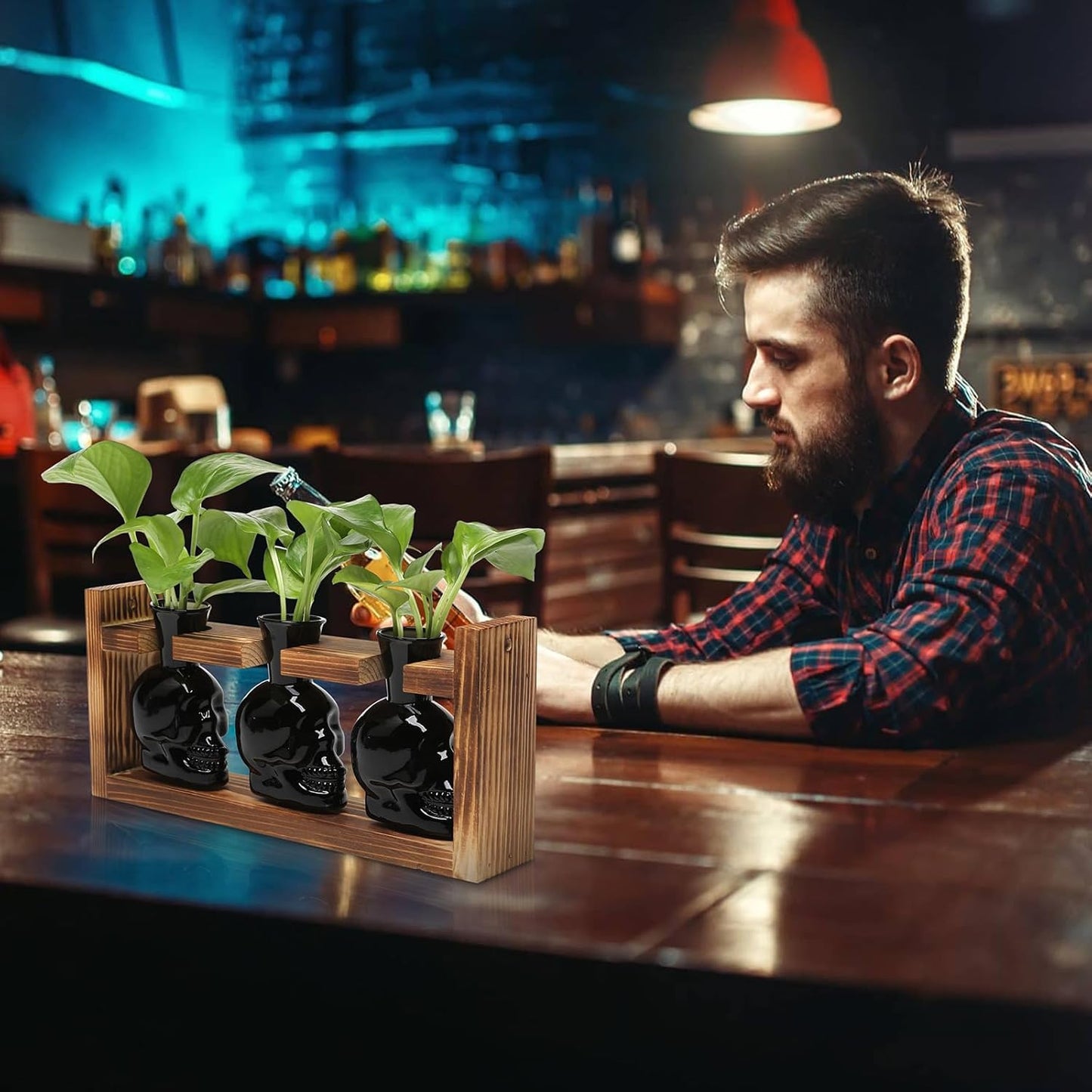 Plant Terrarium Propagation Stations Hydroponics Halloween Skull Planter Vase Skulls Decor with Wooden Stand Gife for Father