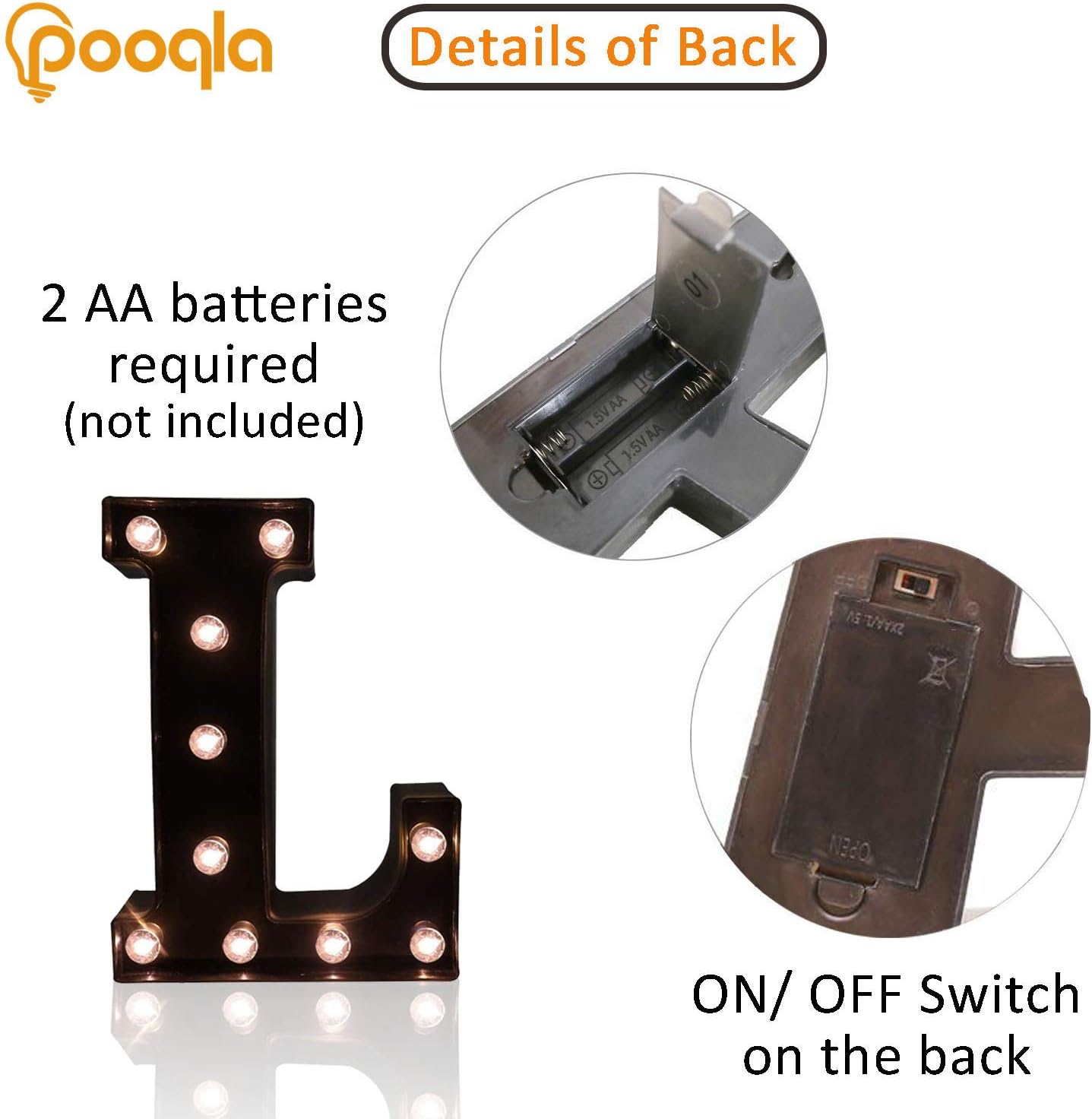 Pooqla Decorative LED Illuminated Letter Marquee Sign - Alphabet Marquee Letters with Lights for Wedding Birthday Party Christmas Night Light Lamp Home Bar Decoration L, Black