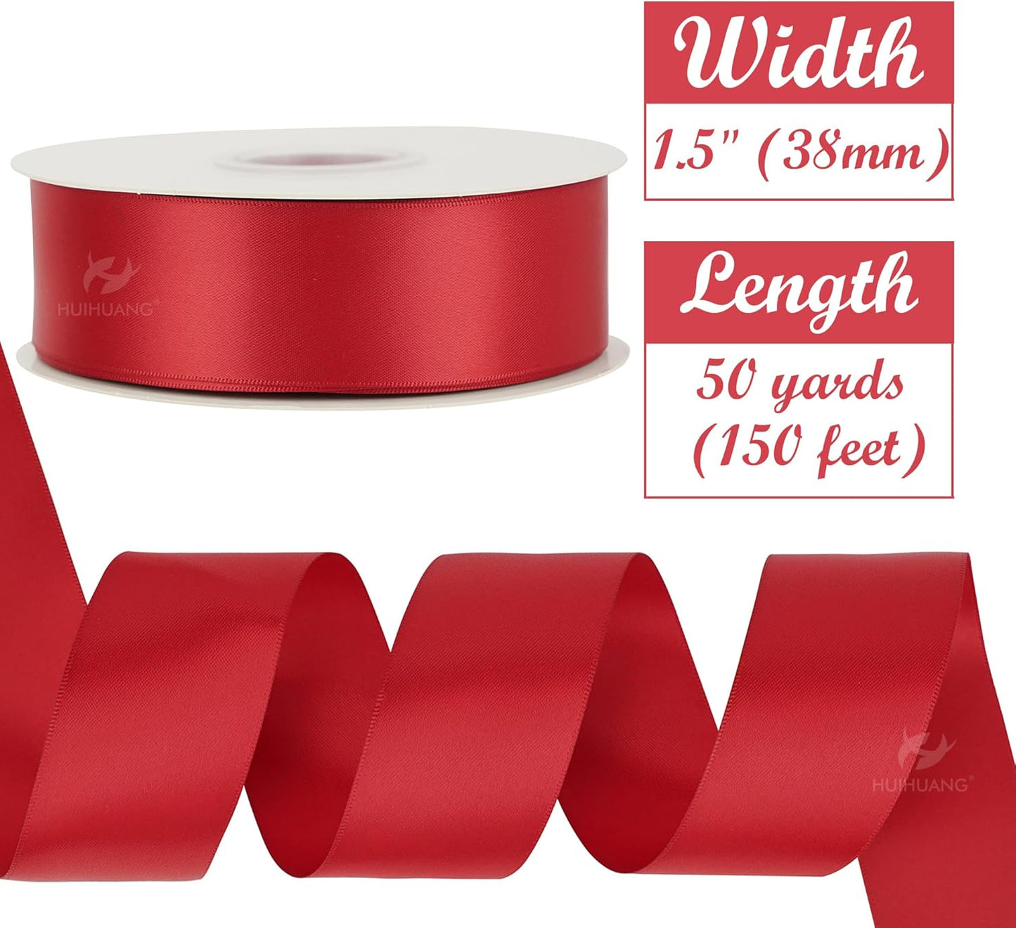 HUIHUANG Red Ribbon 1-1/2 inch Satin Ribbon, Red Double Faced Satin Ribbon for Christmas Gift Wrapping for Bows Making Floral Bouquet Wedding Christmas Decor Party Favor and Craft Supplies-50 Yards