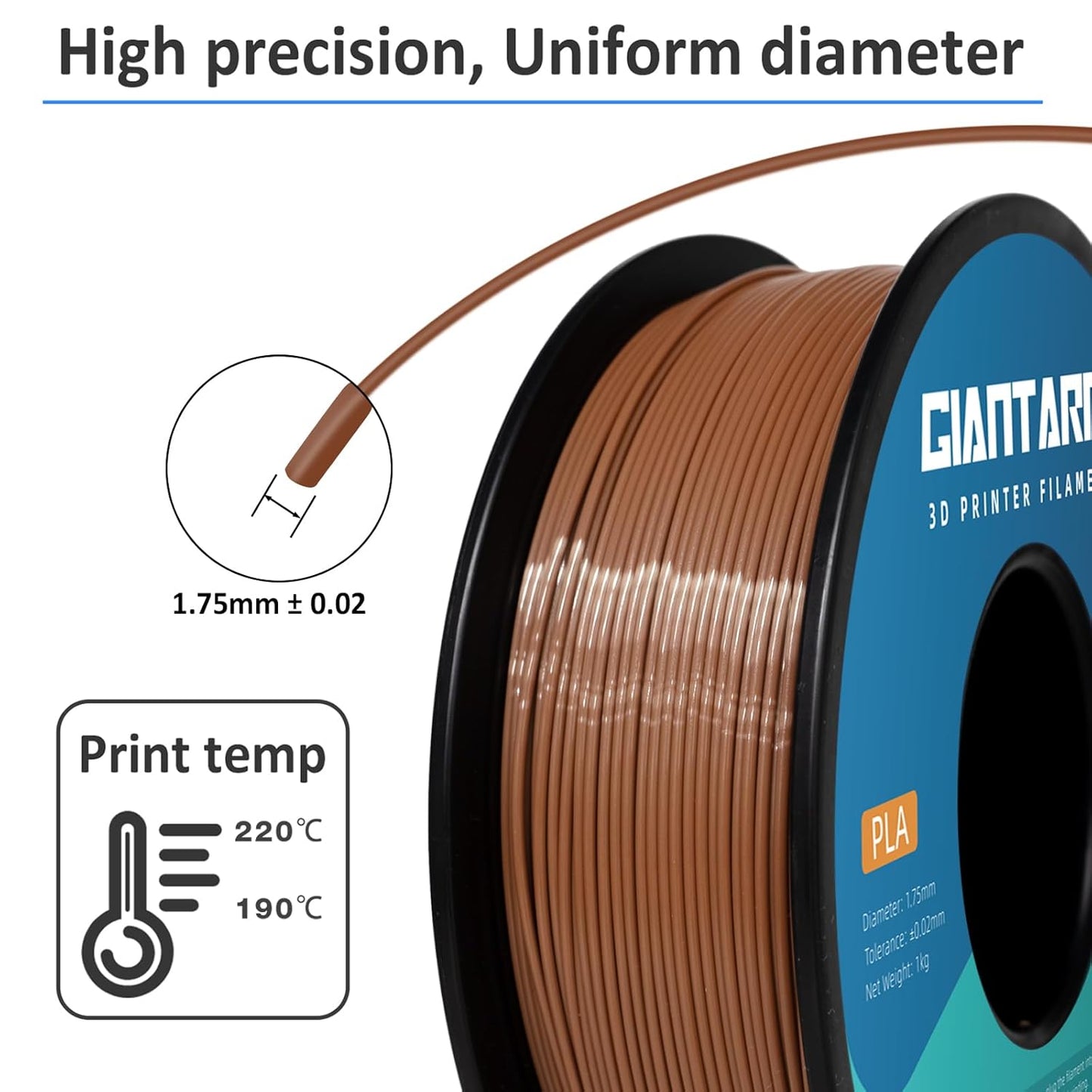 GIANTARM PLA Filament,Brown 3D Printer Filament 1Kg(2.2lbs) Spool,1.75mm Dimension Accuracy +/- 0.03mm,Fit Most FDM 3D Printers
