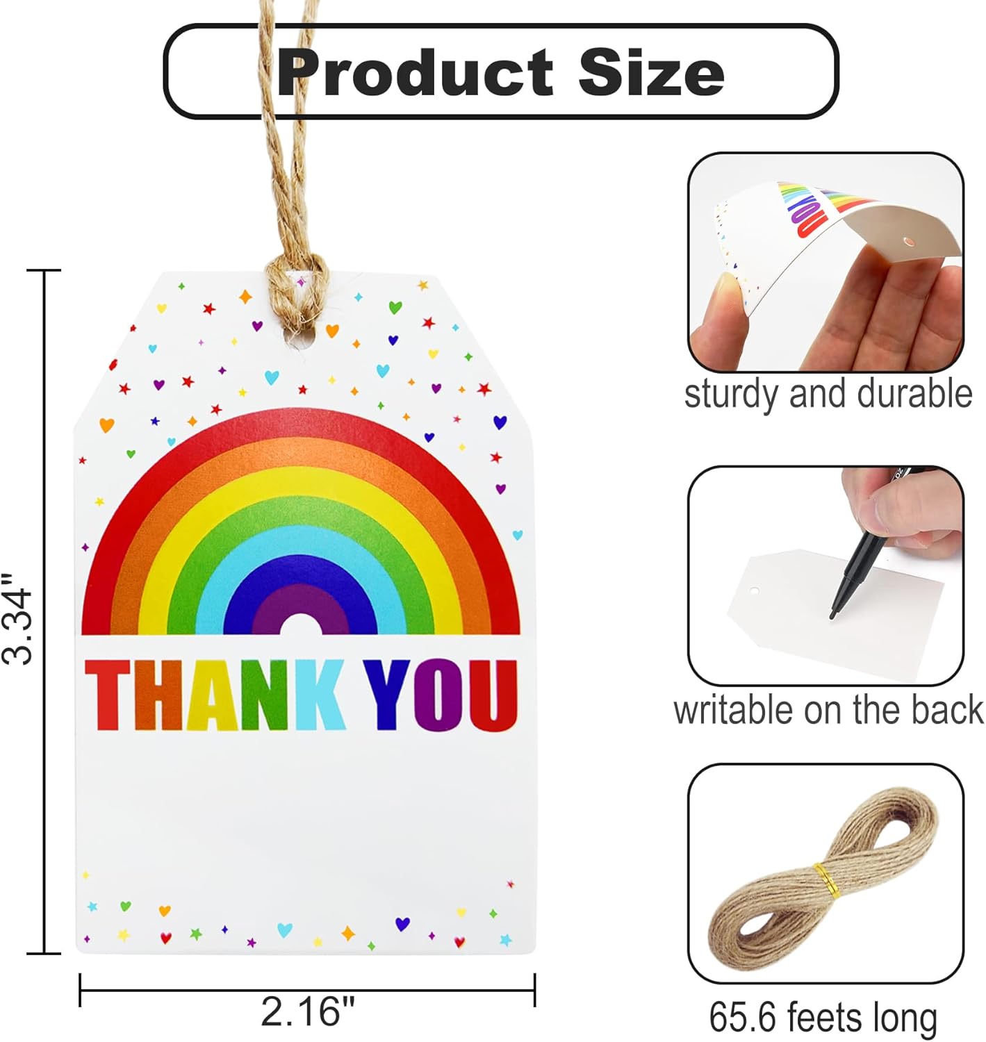 100Pcs Rainbow Heart Gift Tags with String Large Thank You Gift Tags Presents with 65 FT Jute Twine Personalized Tags for Wedding Baby Shower Birthdays Party Gift Wrap Tags